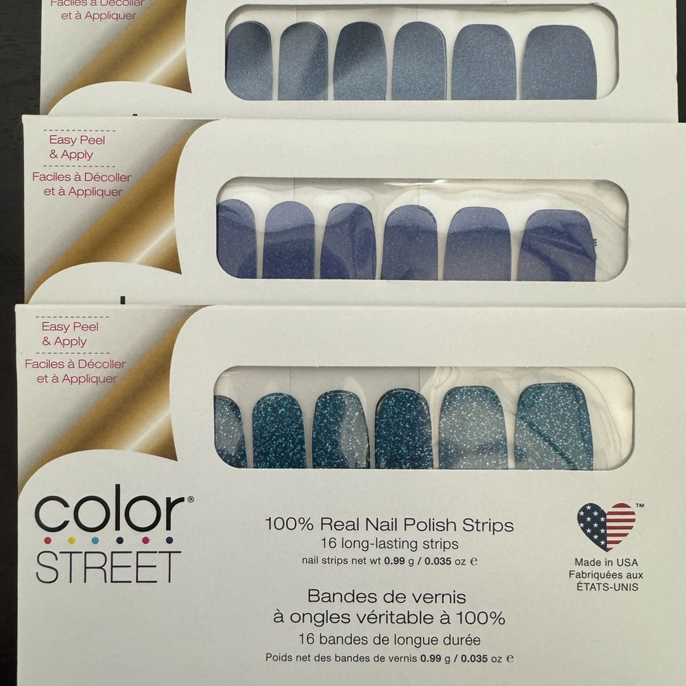 Color Street Bundle of 3 New Unopened Nail Polish Strip Packs in Beautiful Blues